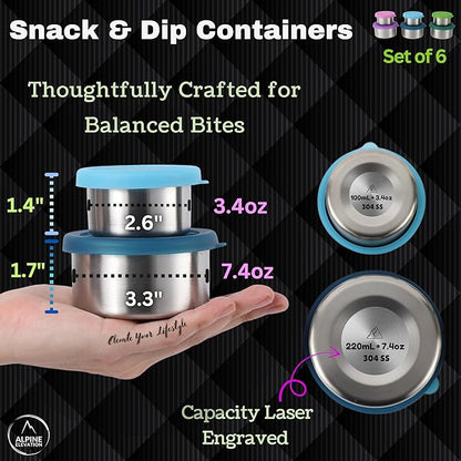 Alpine Elevation 12-Piece Stainless Steel Snack Dip Condiment Containers Set | 3 x 7.4 oz and 3 x 3.4 oz with Silicone Lids | Reusable Leakproof Food Storage Containers for Lunch Meal Prep and Travel