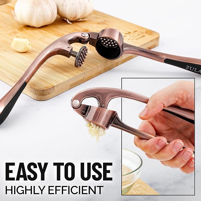 Zulay Kitchen Premium Garlic Press Set - Rust Proof Professional Garlic Mincer Tool - Easy-Squeeze, Easy-Clean with Soft, Ergonomic Handle - Silicone Garlic Peeler & Brush (Copper)