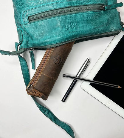Rustic Town Leather Pencil Case - Full Grain Leather Zippered Pen Pouch - Stationery Bag Pen Holder for Work & Office