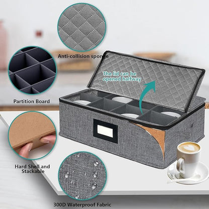 VERONLY Mug and Cup Storage Box with Dividers, Coffee Mug Storage Case China Storage Containers Hard Shell with Lid and Handles, Stackable for 12 Coffee Mugs, Tea Cups, Moving & Packing (Dark Grey)