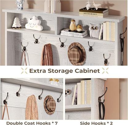Itaar Hall Tree with Bench and Shoe Storage, 5-in-1 Entryway Bench with Coat Rack, 10 Shoe Cubbies & 9 Coat Hooks, Barn Door & Adjustable Shelf (Embossed White)