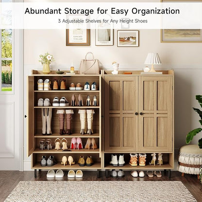 ONBRILL Shoe Cabinet with Cross Molding Doors, 6-Tier Shoe Storage Cabinet with 3 Adjustable Shelves and Metal Legs, 45'' Tall Shoes Rack Organizer Cabinet for Entryway, Front Door, Natural Oak
