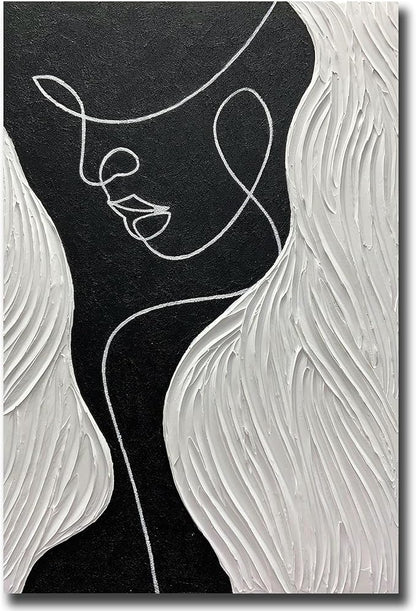 moshinart 24 x 36in Hand-Painted Oil Painting 3D Texture Black White Grey Modern Minimalist Black Abstract Wall Art, Home Office Wall Decoration Human Face