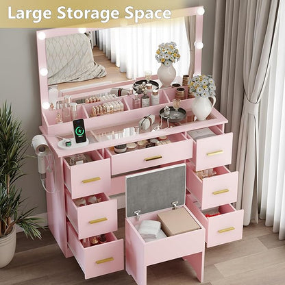 Makeup Vanity with Large Lighted Mirror and Chair, 7 Drawers Vanity Makeup Desk Table with Power Strip, Adjustable Lighting, and Cushioned Storage Stool for Women, Girls