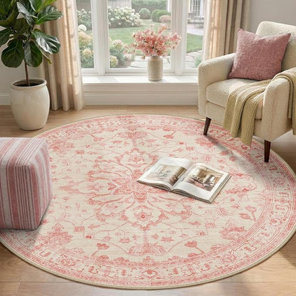RELEANY Area Rugs Round 4ft Washable Non-Slip, Floral Vintage Distress Medallion Carpet for Living Room Bedroom Dining Room, Pink Light Vintage Pink