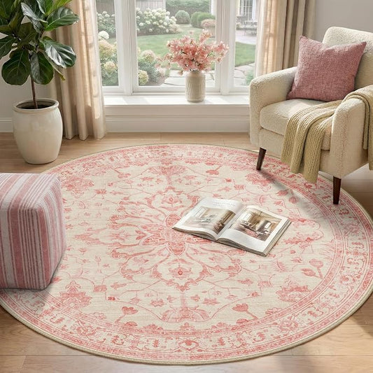RELEANY Area Rugs Round 4ft Washable Non-Slip, Floral Vintage Distress Medallion Carpet for Living Room Bedroom Dining Room, Pink Light Vintage Pink