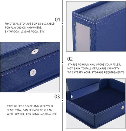CONGARTENO Wear-resistant PU Leather File Organizer Box for Desktop Document Storage Practical Household File Case Holder for Office and Home Blue Folder Storage for Letters and Papers