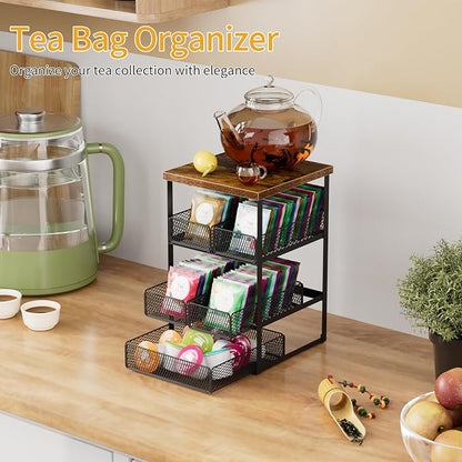 Tea Bag Organizer, 4 Tier Tea Bag Holder with 5 Drawers, Wood and Metal Tea Organizers and Storage Chest for Countertop Kitchen, Office, Brown