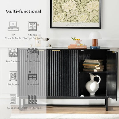 Fluted Storage Cabinet with 3 Doors, Sideboard Buffet Cabinets Adjustable Shelves, Credenza Console Table Cabinets for Living Room, Black