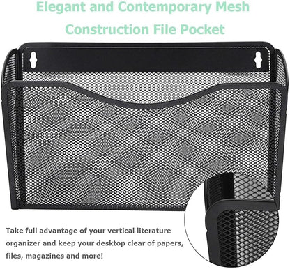 EASEPRES 3 Single Pocket Mesh Hanging File Organizer, Vertical Wall Mounted Magazine File Holder, Mount Basket Mail Paper Document Folder Organizing for Office, Home and School, Black