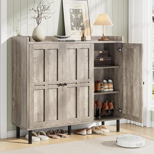 ONBRILL Shoe Cabinet with 3 Doors and Adjustable Shelves, 30 Pairs Shoe Storage Cabinet, 40 Inch Tall Farmhouse Shoe Rack Shoe Organizer Cabinet for Entryway Living Room Closet, Gray Wash