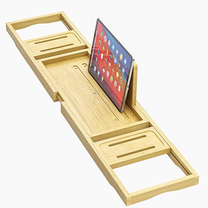 Premium Bathtub Tray - Expandable Bamboo Wooden Bath Trays for Bathub - Bath Tub Table Tray for Bathtub/Tub,Adjustable Size, Fits Most Tubs