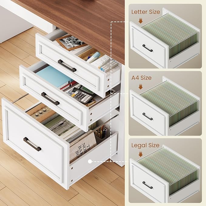 SEDETA Farmhouse L Shaped Electric Standing Desk, 63" x 67" Height Adjustable Home Office Executive Desk with Drawers and Shelves, Standing Computer Desks with Power Outlet for Home Office, White