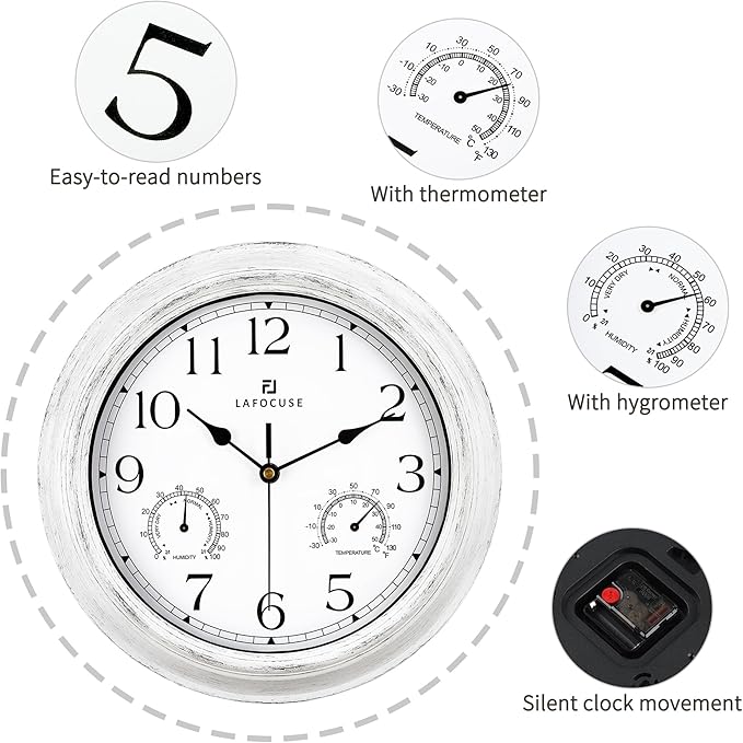 Lafocuse White Outdoor Wall Clocks Waterproof for Patio with Thermometer, 12 Inch Hygrometer Wall Clock for Kitchen Bathroom Garage