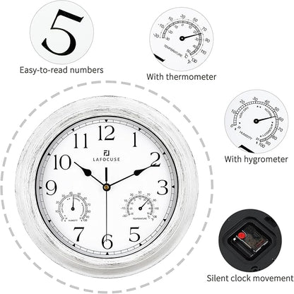 Lafocuse White Outdoor Wall Clocks Waterproof for Patio with Thermometer, 12 Inch Hygrometer Wall Clock for Kitchen Bathroom Garage