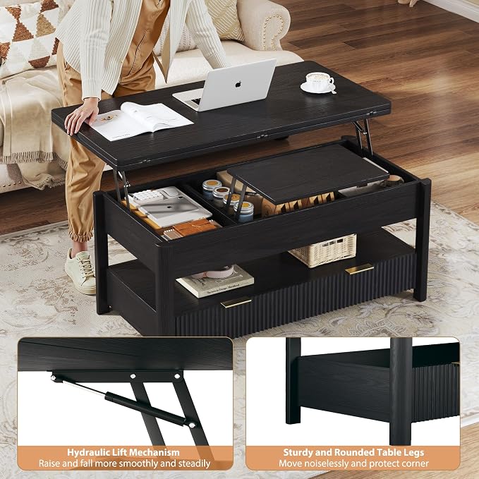 HUAHUU 40" Lift Top Coffee Table with Storage, 4 in 1 Square Coffee Table with Hidden Compartment & Open Shelf & 2 Drawers, Modern Coffee Tables with Lifting Top for Living Room, Home, Office, Black
