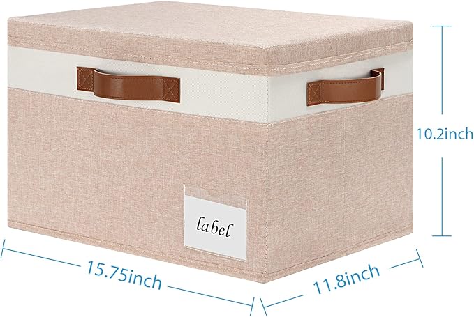 PFFVRP Extra Large Storage Bins with Lids, Foldable Fabric Storage Baskets with Lids, Sturdy Storage Boxes with Labels and 3 PU Handles for Closet Home Bedroom Office (32L, 3 Packs, Pink&White)