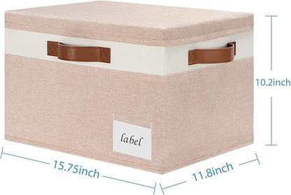 PFFVRP Extra Large Storage Bins with Lids, Foldable Fabric Storage Baskets with Lids, Sturdy Storage Boxes with Labels and 3 PU Handles for Closet Home Bedroom Office (32L, 3 Packs, Pink&White)