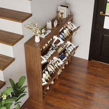 Shoe Storage Cabinet for Entryway with 4 Flip Drawers, 47.2" Large Modern Freestanding Shoe Organizer with Fluted Doors & Hidden Shoe Rack - Slim Enclosed Shoe Rack for Hallway (Walnut)