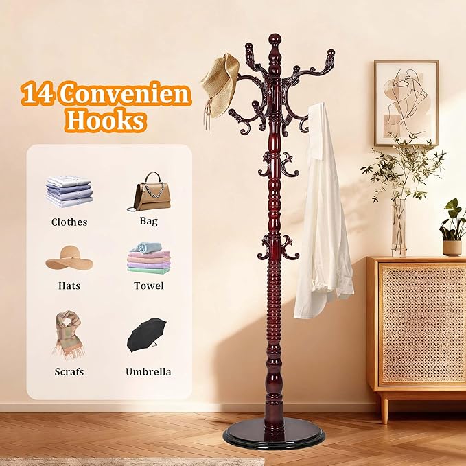 Solid Birch Wood Cloth Tree with Hooks, Coat Rack Freestanding with Adjustable Height 37.4’’-72.83’’, Wooden Freestanding Coat Rack for Entrance, Office, Living Room, Bedroom, Corridor