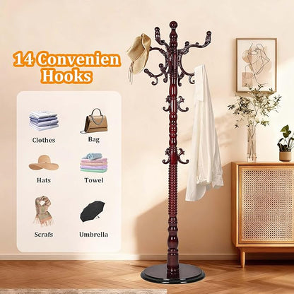 Solid Birch Wood Cloth Tree with Hooks, Coat Rack Freestanding with Adjustable Height 37.4’’-72.83’’, Wooden Freestanding Coat Rack for Entrance, Office, Living Room, Bedroom, Corridor