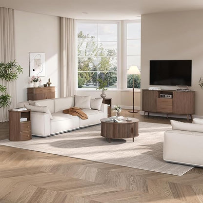 JOINICE Round Coffee Table and End Table Set,31.5" Mid Century Modern Living Room Furniture, Walnut Fluted Center Table with Storage & Matching Side Table for Small Space