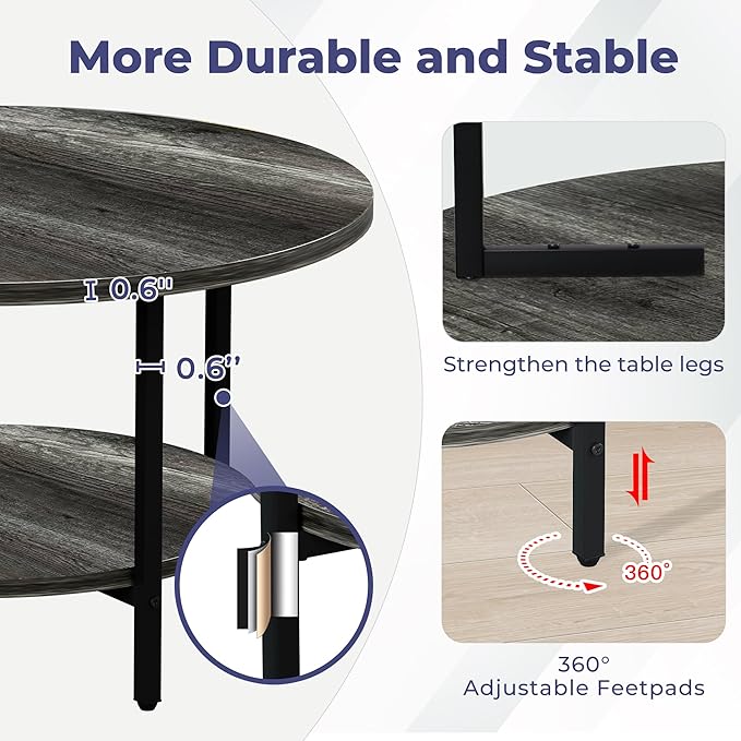 Coffee Table, 27.6“ Circle Coffee Tables for Living Room, 2 Tier Round Coffee Table with Storage, Wood Accent Center Floor Table for Bedroom, Industrial Home Office, Elegant Gray