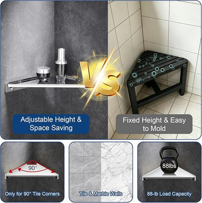 Corner Shower Foot Rest for Shaving Legs, Wall Mounted Shower Step & Shower Shelf 2 in 1, Stainless Steel Shower Foot Ledge, Heavy Duty Corner Shelf for Bathroom, Space Saving Design, Chrome