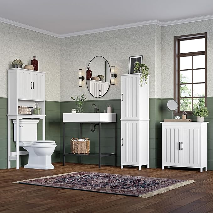 RiverRidge Monroe Two-Door Floor Storage Cabinet - Bathroom Storage Cabinet with Adjustable Shelves - Soft-Close Doors White Finish with Matte Black Handles