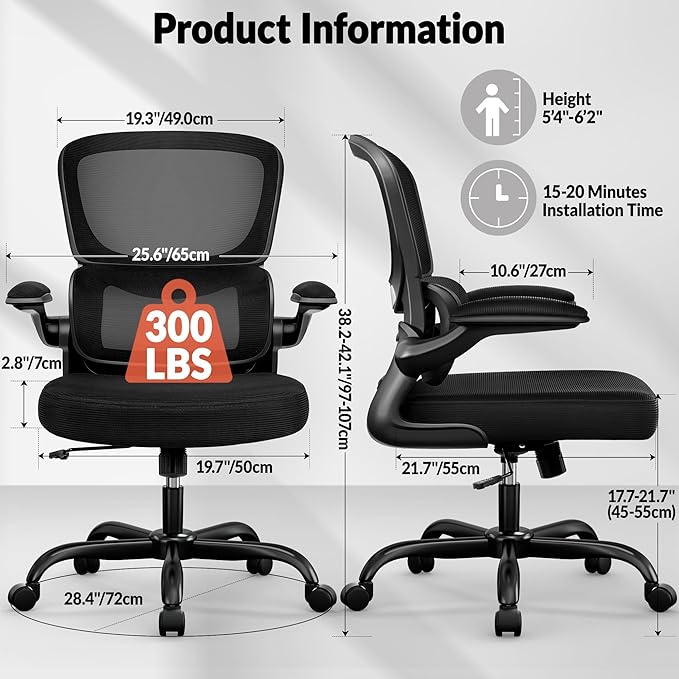 Office Chair Ergonomic Desk Chair, Breathable Mesh Comfy Chair with Lumbar Support, Computer Chair, Home Desk Chair with Flip-up Armrests, Gaming Chair for Adults Home Office (Black,8Pack)