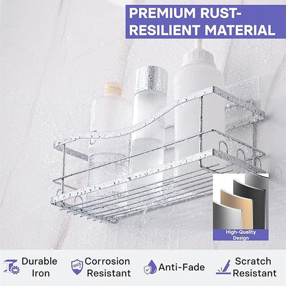 KINCMAX Iron Shower Caddies - Self Adhesive Bathroom Shelves for Showers - Wall Organizer Shampoo Holder Shelf - Peel and Stick On Caddy Bath Tub Rack - Pack of 2 Holders - Silver
