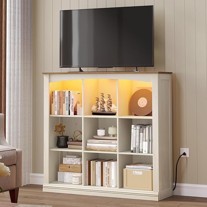 Cube Bookshelf, 9 Cube Storage Organizer, 3 Tier Wood Cubby Bookshelf with Led Lights and Charging, Low Bookcase for Bedroom, Office, Living Room, White BC33314X