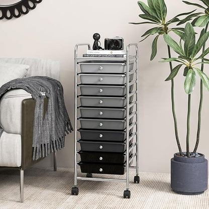 OFFICEJOY Storage Cart, Rolling Utility Cart with 10 Drawers, Portable Handles & Lockable Wheels, Mobile Paper Toys Storage Organizer Large Capacity for Home Office School Teacher (Gradient Black)