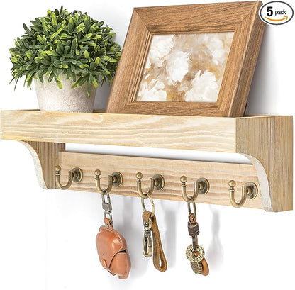 Rebee Vision Farmhouse Pine Wood Key Holder Wall Mount for Room Decor - Rustic Key Holder for Wall with Shelf for Small Plant and Cute Things - Ideal Entryway Organizer in House (Natural Wood)