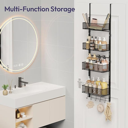 SWTYMIKI Over The Door Purse Organizer - Wall Mounted Purse Rack with 4 Adjustable Metal Basket and 6 Hooks, Hanging Bag Rack for Handbag Organizer, Bag Storage Can Use As 1/2 Part, for Door, Closet