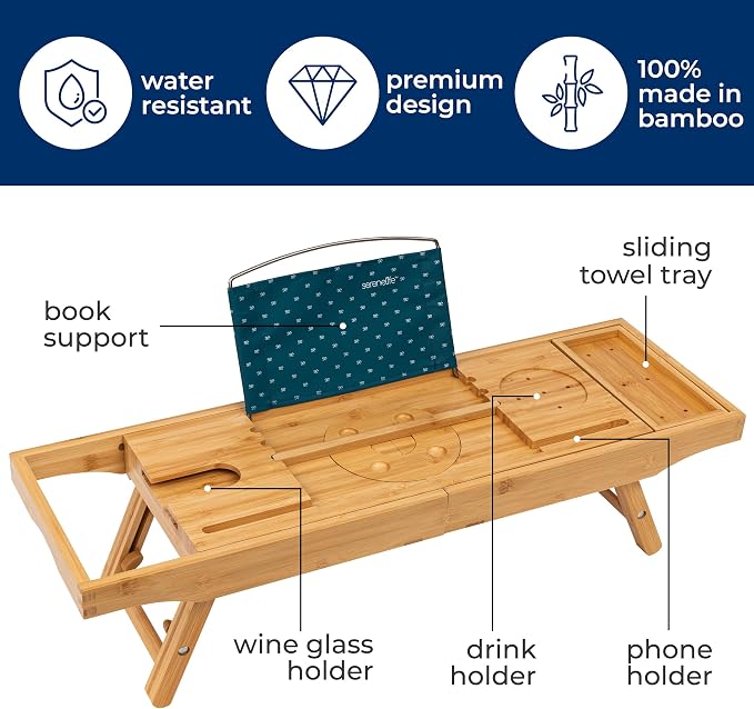 SereneLife 2 in 1 Bed and Bath Tray - Foldable Bamboo Bathtub Caddy with Adjustable Length, Non-Slip, Device Holder, Wine Glass Slot, Expandable for Comfortable Bathing, Natural, 2in1, Folding Set