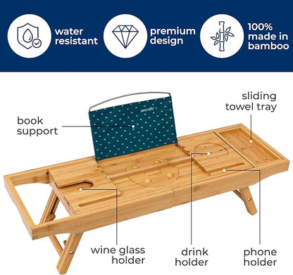 SereneLife 2 in 1 Bed and Bath Tray - Foldable Bamboo Bathtub Caddy with Adjustable Length, Non-Slip, Device Holder, Wine Glass Slot, Expandable for Comfortable Bathing, Natural, 2in1, Folding Set