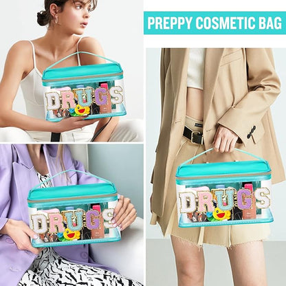 Chenille Letter Clear Makeup Bags Drugs Pouch, Preppy Patch Makeup Bag Zipper with Handle, Transparent PVC & Nylon Waterproof Glitter Cosmetic Handbag Travel Toiletry Storage for Women (DRUGS-Green)