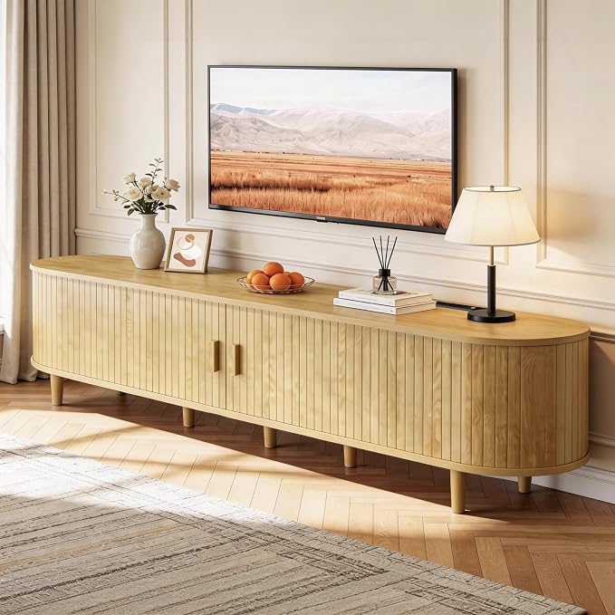 80" Mid Century Modern TV Stand with Power Outlet, Fluted Entertainment Center with Storage and Adjustable Shelves, Wood TV Console with Sliding Doors for Living Room, Oak