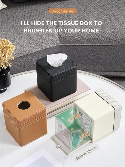 Cloudever Tissue Box Holder Cover, Modern PU Leather Square Decorative Tissue Holder Organizer-Woven New Off White
