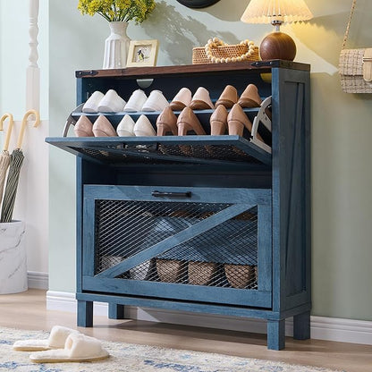 JXQTLINGMU Shoe Cabinet with 2 Flip Drawers, Farmhouse Shoe Storage Cabinet with Mesh Doors and Adjustable Shelves, Rustic Wooden Shoe Organizer, Small Shoe Cabinet Storage for Entryway, Blue