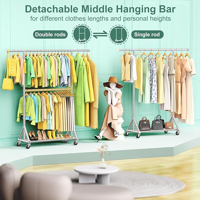 100% Stainless Steel Heavy Duty Rolling Clothes Rack with Double Rods for Hanging Clothes, Adjustable & Extendable Metal Clothing Rack, Garment Rack With Wheels Shelf, Sturdy Freestanding Closet Rack