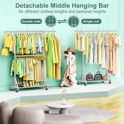 100% Stainless Steel Heavy Duty Rolling Clothes Rack with Double Rods for Hanging Clothes, Adjustable & Extendable Metal Clothing Rack, Garment Rack With Wheels Shelf, Sturdy Freestanding Closet Rack