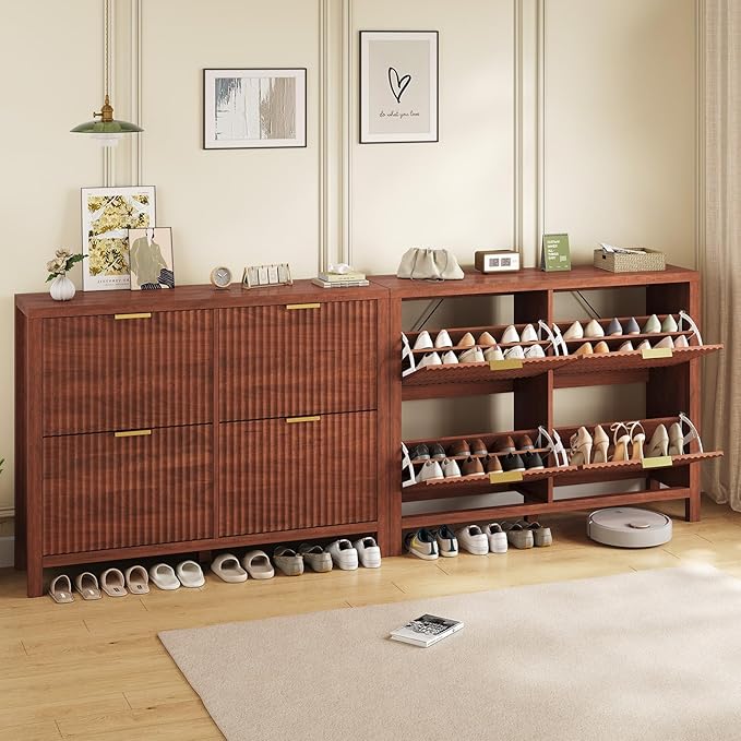 Shoe Cabinet Storage for Entryway, Fluted Walnut Shoe Cabinet with 4 Flip Drawers, Hidden Shoe Rack Freestanding Wooden Shoe Organizer with Legs for Hallway