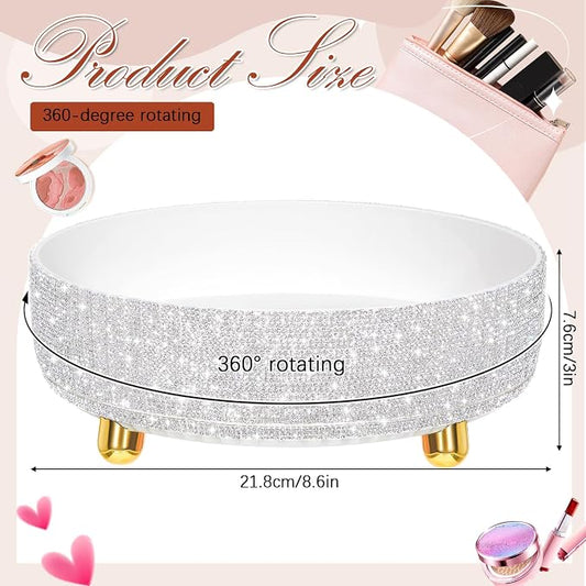 Honeydak Bling Perfume Makeup Organizer Bling Mother's Day Nurses Day Gifts for Women Bathroom Organizers and Storage 360 Rotating Makeup Organizer for Countertop(1 Tier,Rhinestone,White)
