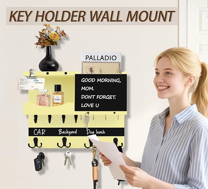 Key Holder for Wall Mount with Shelf and Mail Organizer, Key and Mail Holder with 16 Hooks, Farmhouse Entryway Organizer, Home Decor Rack(Pine Wood,Ivory Yellow)