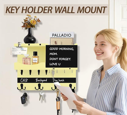 Key Holder for Wall Mount with Shelf and Mail Organizer, Key and Mail Holder with 16 Hooks, Farmhouse Entryway Organizer, Home Decor Rack(Pine Wood,Ivory Yellow)