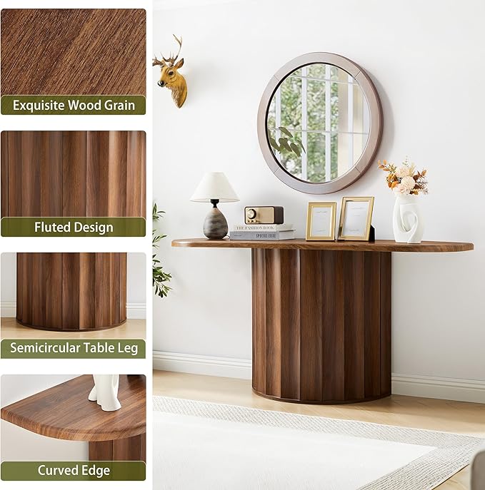 Fluted Console Table, 59'' Narrow Wooden Sofa Tables Behind Couch, Modern Entryway Table with Storage Curved Accent Table for Hallway, Living Room, Entrance, Foyer (Walnut)
