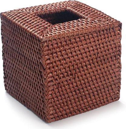 2 Pack Square Rattan Tissue Box Cover, Hand Woven Wicker Tissue Holder, 5.5 x 5.5 X 5.7 inches, Brown