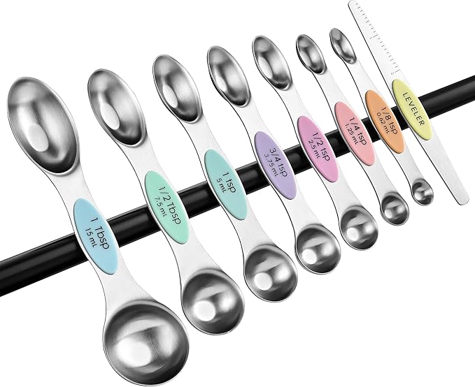 Spring Chef Stainless Steel Magnetic Measuring Spoons Set of 8 with Leveler, Metal Teaspoon & Tablespoon Measuring Spoons for Dry and Liquid Ingredients, Kitchen Gadgets for Baking & Cooking - Pastel